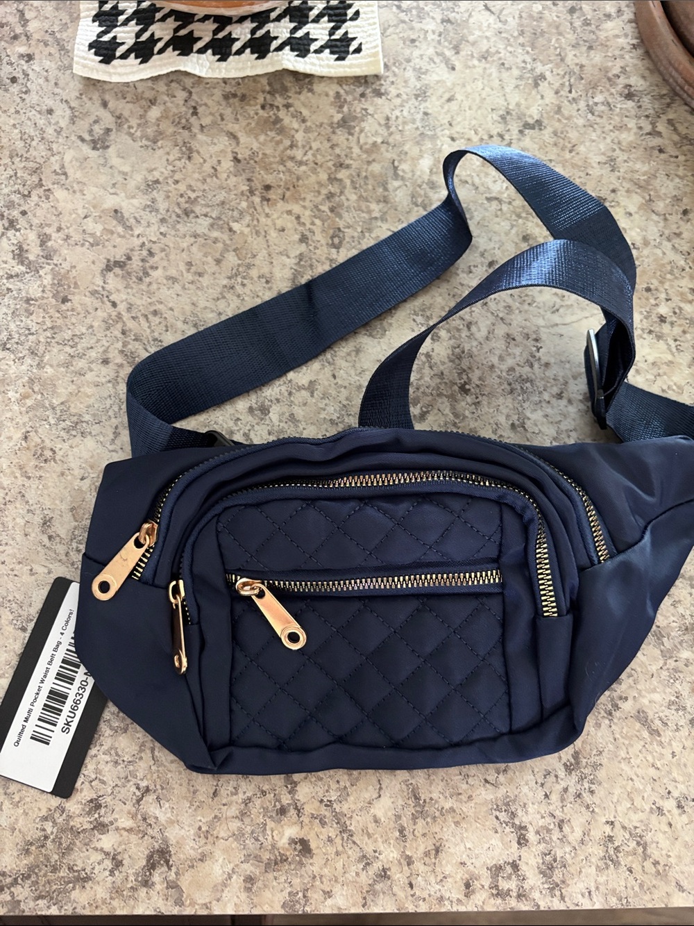 Zenana Outfitters Navy Quilted Waist Bag with Gold Hardware
